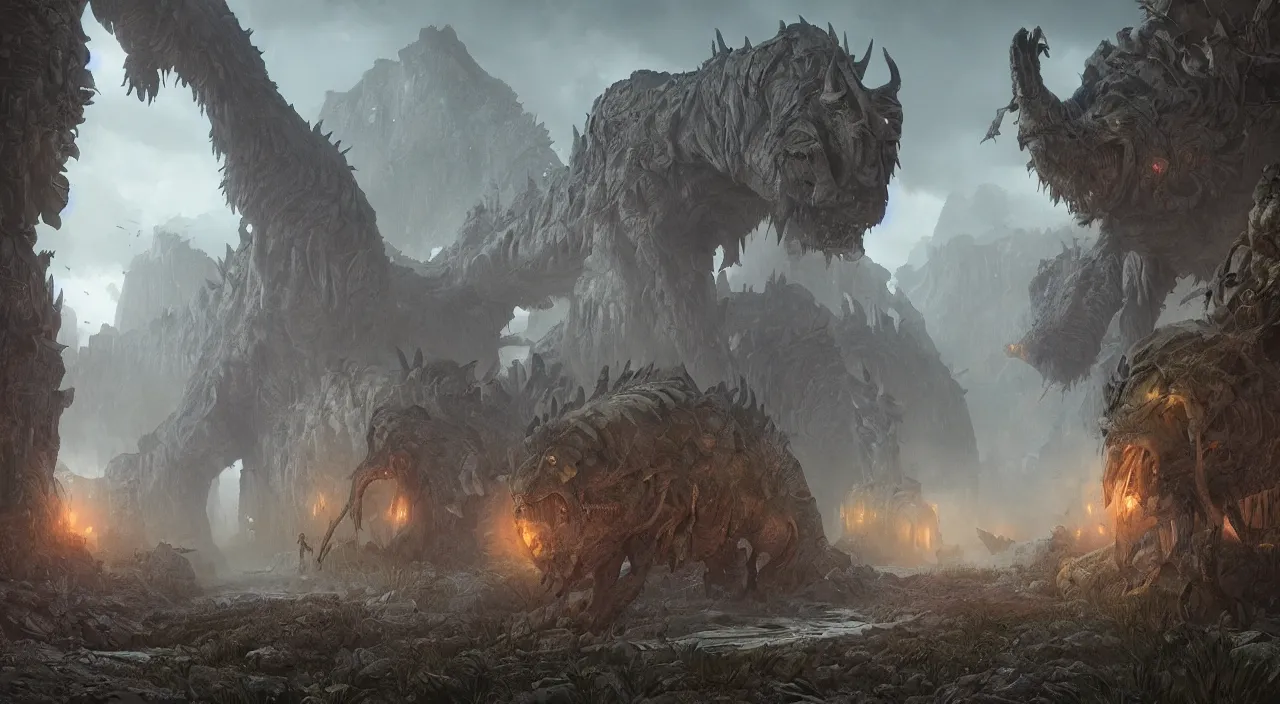 Image similar to technicolor glowing prehistoric beasts, surrounded by slate grey walls, insane details, dramatic lighting, unreal engine 5, concept art, greg rutkowski, james gurney, johannes voss, hasui kawase.