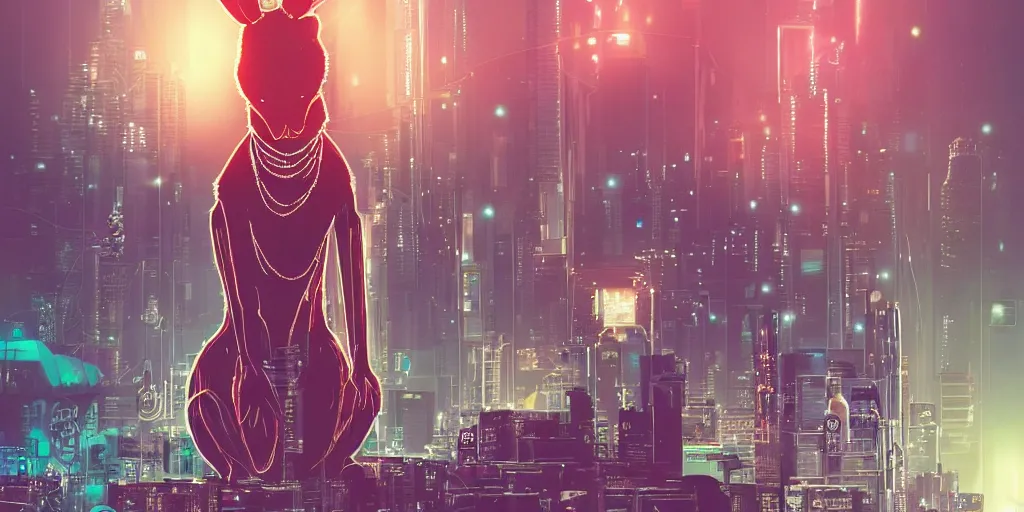 Prompt: a kangaroo wearing a beaded necklace, cyberpunk settings, cityscape, style of artgerm, at night