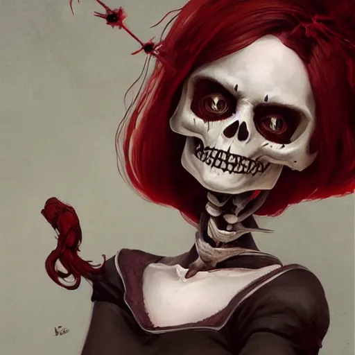 Image similar to cute & beautiful smug smiling undead skeleton girl with red hair dressed as a witch, elegant, digital art, fantasy, pixar style, painting, pin up, highly detailed, artstation, art by artgerm, vrubel, greg rutkowski, ilya kuvshinov, raymond swanland