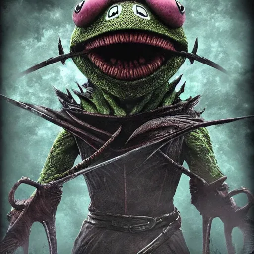 Image similar to evil kermit the frog, dark souls, bloodborne, elden ring, by hidetaka miyazaki