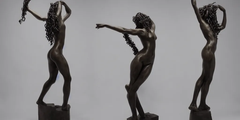Prompt: modern sculpture, young woman as medusa, multiple poses, androgynous