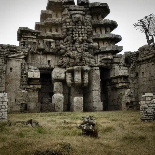 Prompt: giant stone abandoned structure, shadow of the colossus style, stone, ancient ruins, temple, huge, titanophobia, detail, fear, creepy,