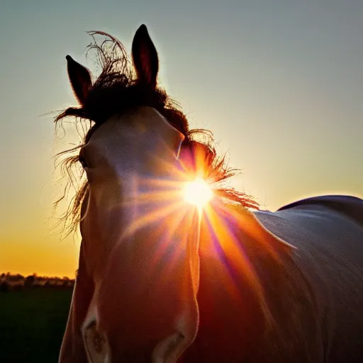 Prompt: a detailed photo of a horse covering the sun during a sunset, realistic