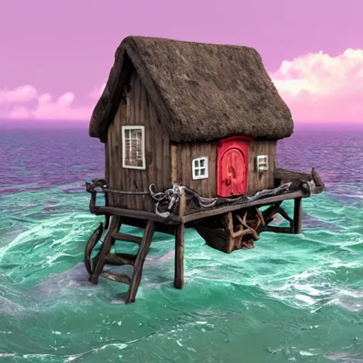 Image similar to a witches house made out of realistic candy on the ocean, epic scene, fantasy, redshift render, cgi, hyper - detailed, photo - bash, 8 k post - production, masterpiece