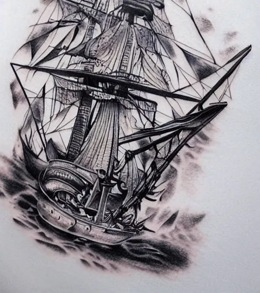 Prompt: A realistic tattoo design of a magical pirate ship on white paper, realism tattoo design, highly detailed tattoo, shaded tattoo, hyper realistic tattoo