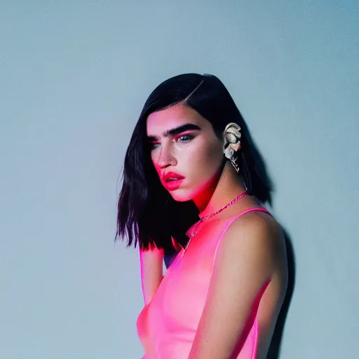 Image similar to close up studio photography dua lipa concert neon lights vogue