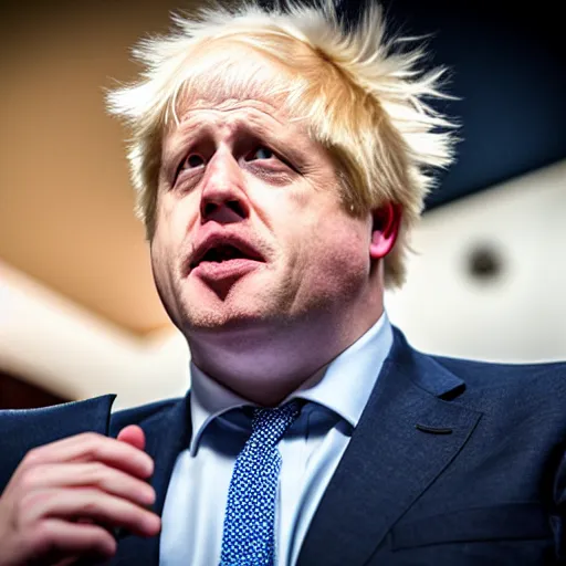 Prompt: Boris Johnson at the DEF CON conference in Las Vegas, EOS-1D, f/1.4, ISO 200, 1/160s, 8K, RAW, symmetrical balance, in-frame, Dolby Vision