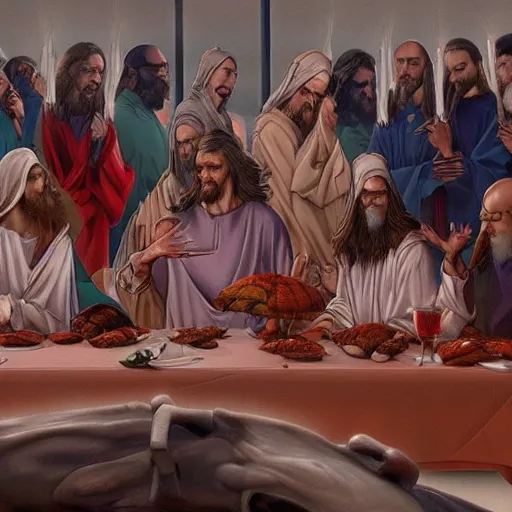 Prompt: Photorealistic evangelion at jesus's last supper, Hyperdetailed, 108 megapixels, artstation concept art-n 6