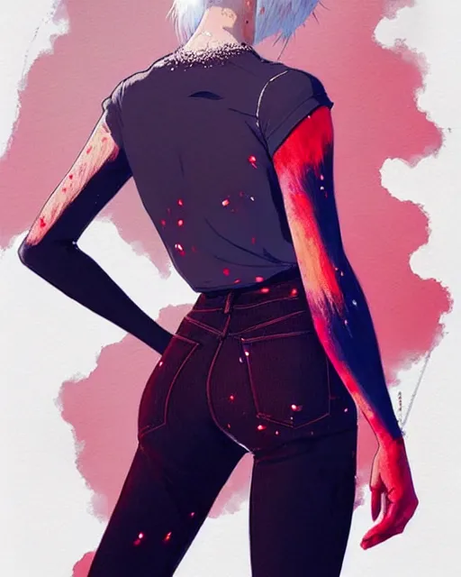 Image similar to a ultradetailed beautiful back painting of a stylish woman with white hair in a pony tail, she is wearing jeans, by conrad roset, greg rutkowski and makoto shinkai trending on artstation