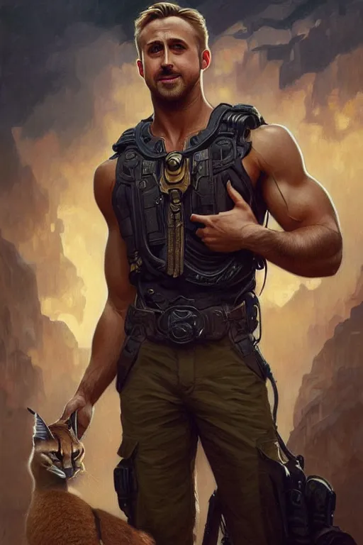 Image similar to Muscular Ryan Gosling holding cute caracal, portrait, sci-fi, fantasy, intricate, elegant, highly detailed, digital painting, artstation, concept art, smooth, sharp focus, illustration, art by artgerm and greg rutkowski and alphonse mucha