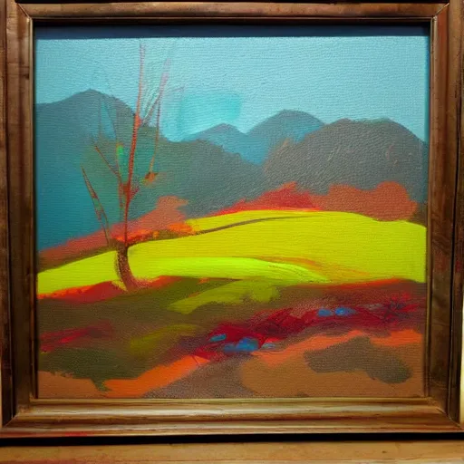 Image similar to landscape acrylic painting on canvas in the style of chris wilmshurst, bold colours