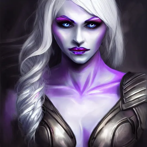 Image similar to portrait of a female fantasy drow, dark elf, with large blue eyes, dark purple skin, large pointed ears, and medium-length silver hair, realistic, d&d character art