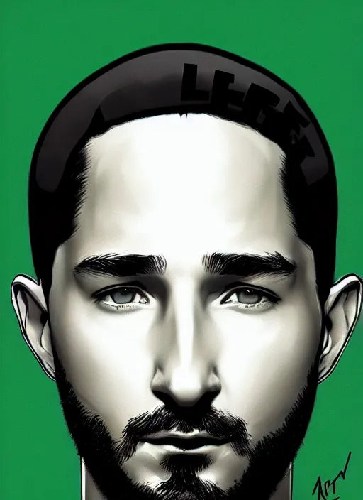 Image similar to highly detailed closeup portrait motivational poster of shia lebouf with large bold letter motivational words by greg rutkowski, by artgerm, gradient green, black and white color scheme, black border