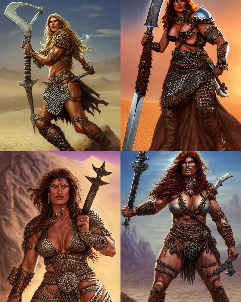 Prompt: big and strong barbarian woman wielding a sword, in the desert, wearing chainmail armor, by jeff easley and greg staples, ultrarealistic, highly detailed face, soft lighing, spellfire, sharp focus, cinematic lighting, artstation, powerful presence