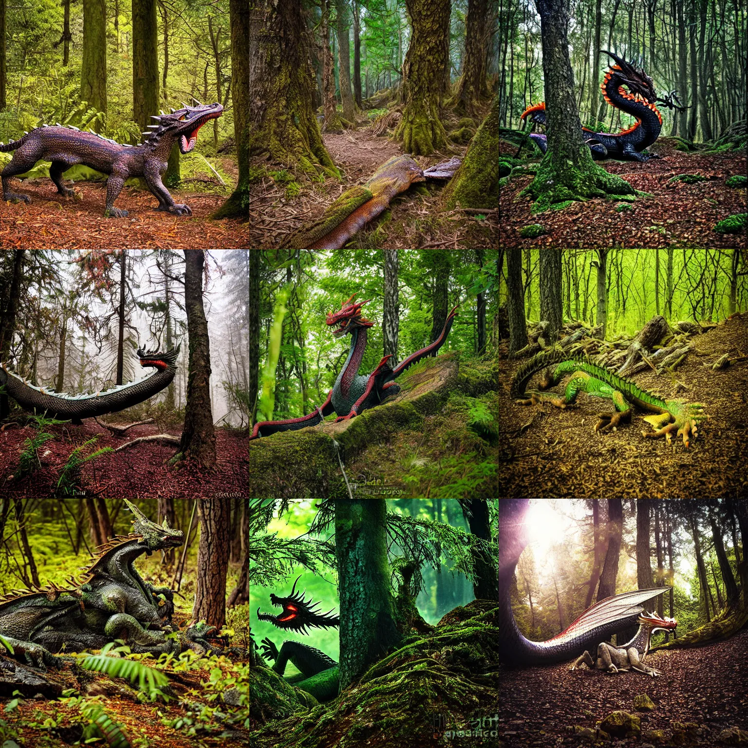 Prompt: a dragon in a forest, wildlife photography