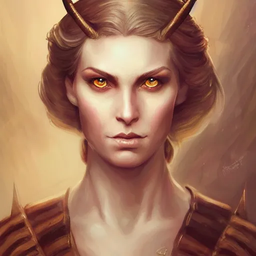 Image similar to a detailed matte head - on portrait painting of an middle - aged half - tiefling noblewoman with golden eyes and short well kept hair, by charlie bowater, lise deharme, wlop, tending on arstation, dungeons and dragon, dnd, pathfinder, fanart, oil on canvas