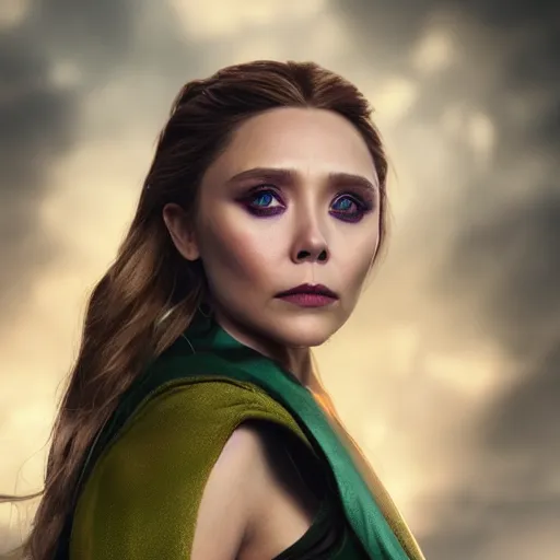 Image similar to Elizabeth Olsen as Loki, Elizabeth Olsen in Loki attire and makeup, photorealistic photography, trending on artstation, 4k, 8k