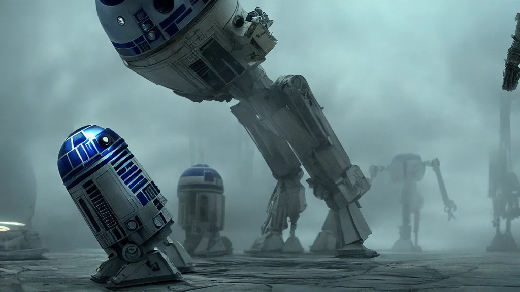 Image similar to r 2 d 2, mixed with an eldritch horror monster, with mechanical tentacles, film still from the movie directed by denis villeneuve with art direction by salvador dali