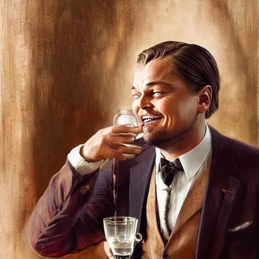 Prompt: leonardo dicaprio from django laughing with a small sherry drink in hand to lips, highly detailed, intricate, digital painting, artstation, sharp focus, illustration, art by jakub rozalski, greg rutkowski, artgerm, tan zi and ayanamikodon and alphonse mucha and wlop