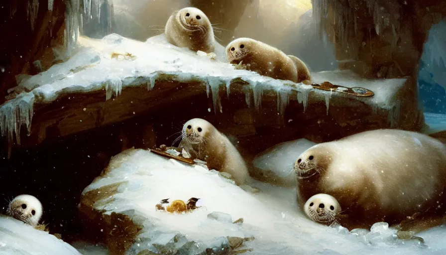 Image similar to highly detailed closeup painting of cute furry white baby seals eating fish inside a snowy fantasy ice crystal cavern by william turner, by greg rutkowski, by william constable, thick brush strokes and visible paint layers, 4 k resolution