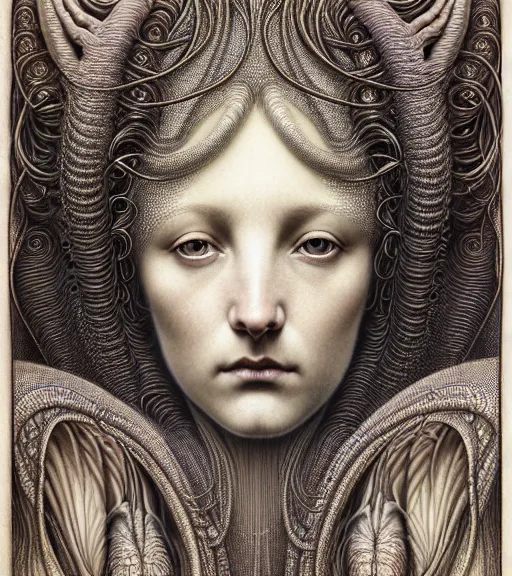 Prompt: detailed realistic beautiful goddess face portrait by jean delville, gustave dore, iris van herpen and marco mazzoni, art forms of nature by ernst haeckel, art nouveau, symbolist, visionary, gothic, neo - gothic, pre - raphaelite, fractal lace, intricate alien botanicals, ai biodiversity, surreality, hyperdetailed ultrasharp octane render