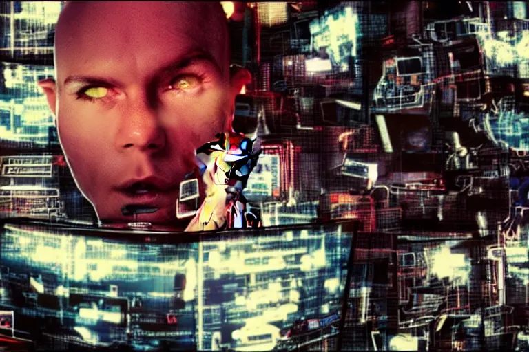 Prompt: cyborg - pitbull, surrounded by screens, in 2 0 4 5, y 2 k cybercore, industrial low - light photography, still from a ridley scott movie