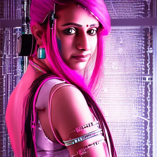 Image similar to portrait of a indian woman with pink hair as a cyberpunk cyborg half robot, revealing wires and electronics, circuit boards, wire management, sci - fi, missing panels, intricate abstract upper body intricate artwork, concept art, octane render, deviantart, cinematic, key art, hyperrealism, iridescent accents, portrait photograph, nikon 3 5 mm, photograph by greg rutkowski