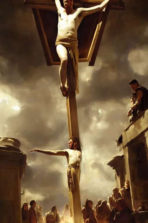 Image similar to beautiful oil painting portrait of ancient roman god emperor steve buscemi hovering in the air wearing the civic crown levitating and ascending in stations of the cross pose, art by anders zorn, wonderful masterpiece by greg rutkowski, expressive brush strokes, beautiful cinematic light, american romanticism by greg manchess, jessica rossier