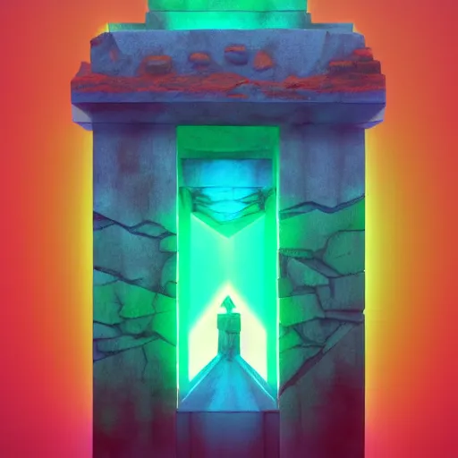 Prompt: ancient construct cursed by the epidote, painted by diego gisbert llorens and charles binger and frank wu and glenn chadbourne, trending on artstation, iridescent cool blue and cyan and red and blue and yellow and green lighting product view sacred geometry, unreal engine, positivism, vaporwave, performance art