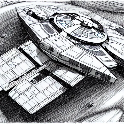 Image similar to isometric view of a star wars space ship in space, pencil sketch, concept art, digital art