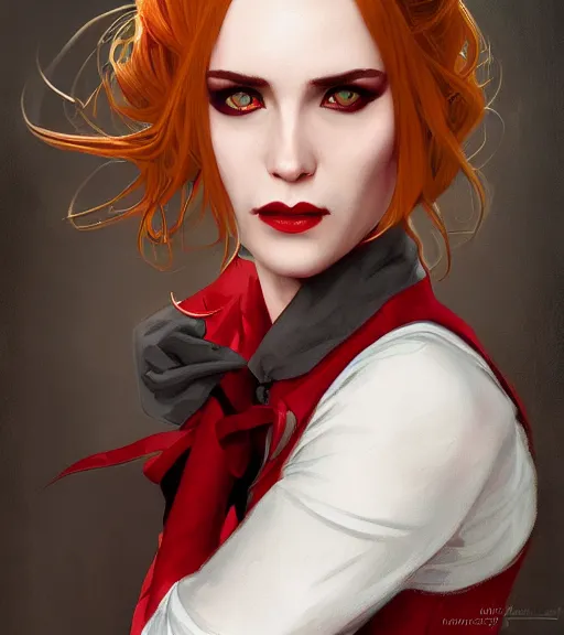 Image similar to a female vampire a golden waistcoat, red shirt, grey hair, red necktie, cinematic, stunning, highly detailed, digital painting, artstation, smooth, hard focus, full body shot, illustration, art by artgerm and greg rutkowski and alphonse mucha