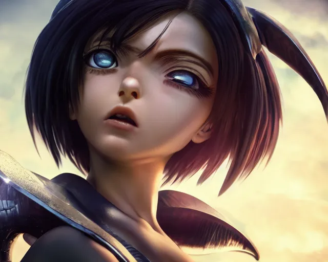 Image similar to battle angel alita, beautiful portrait, doe eyes, mouth open, photorealistic, lifelike, octane engine, cinematic lighting, high detail, high resolution