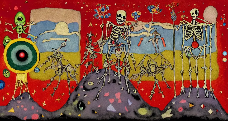 Image similar to pixel decollage painting tarot lovers card composition tower of babel road red armor maggot bear and wonky alien frog skeleton knight on a horse in a dark red cloudy night sky with golden foil jewish stars, occult symbols and diamonds, mountain lake and blossoming field in background, painted by Mark Rothko, Helen Frankenthaler, Danny Fox and Hilma af Klint, pixelated, neo expressionism, semi naive, pastel colors, cinematic, color field painting, cave painting, voxel, pop art look, outsider art, minimalistic. Bill Traylor painting, part by Philip Guston and Francis Bacon. art by Adrian Ghenie, very coherent symmetrical artwork, cinematic, hyper realism, high detail, octane render, unreal engine, Smooth gradients, depth of field, full body character drawing, extremely detailed, 8k, extreme detail, intricate detail, masterpiece