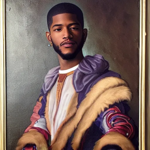 Image similar to a renaissance style portrait painting of kid cudi