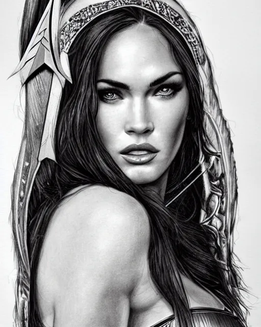 Prompt: pencil drawing of beautiful megan fox as greek goddess aphrodite, archer, arrow on the head, beautiful piercing eyes, flowing blonde hair, realistic face, hyper realistic, in the style of greg rutkowski, fantasy, amazing detail, epic, intricate, elegant, smooth, sharp focus