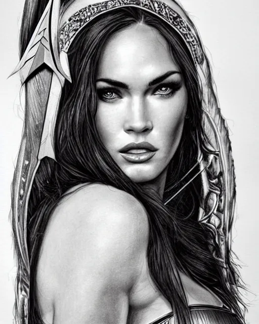 Image similar to pencil drawing of beautiful megan fox as greek goddess aphrodite, archer, arrow on the head, beautiful piercing eyes, flowing blonde hair, realistic face, hyper realistic, in the style of greg rutkowski, fantasy, amazing detail, epic, intricate, elegant, smooth, sharp focus