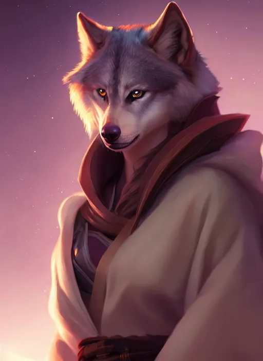 Image similar to beautiful portrait of a female anthro wolf fursona wearing jedi robes. character design by charlie bowater, ross tran, artgerm, and makoto shinkai, detailed, soft lighting, rendered in octane