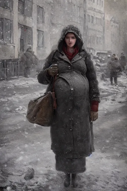 Prompt: full-length portrait of a pregnant woman on the street of besieged Leningrad, historically reliable photo chronicle, winter 1941, , ultra detailed, digital art, octane render, 4K, dystopian, micro details, by Greg Rutkowski and Raymond Swanland, Trending on Artstation