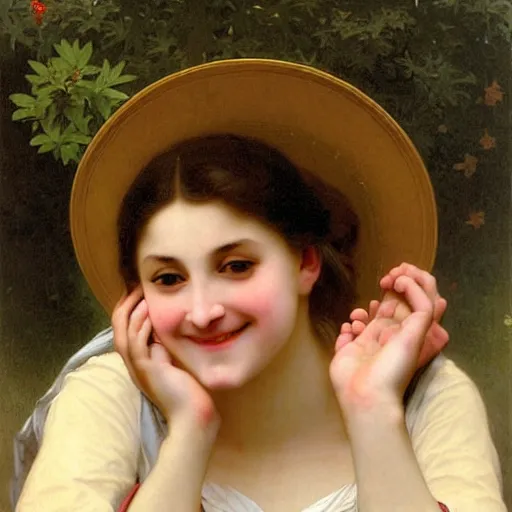 Prompt: woman so happy, her face hurts, by bouguereau