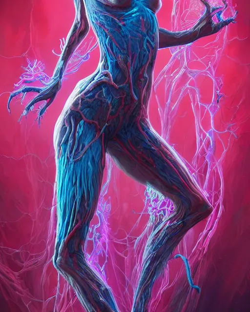 Prompt: A zombie with bioluminescent varicose veins and blood vessels, by artgerm and moebius and Peter mohrbacher, artstation, vivid pink and blue colors, stunning fantasy horror, smooth, intricate, ornate, digital painting, artstation, concept art, morbid fantasy, sharp focus, illustration, trending on artstation