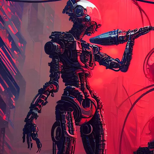Image similar to concept art of a cyborg, cyberpunk, surrounded by smoke, award-winning art, black on red, hyperrealistic, by Philippe Druillet, by Kilian Eng, by Android Jones, computer screens in the background, trending on Artstation, dark, dramatic, cinematic, realistic studio lighting, raytracing, 4k, professional, canon