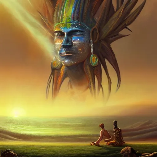 Prompt: ''cinematic shot'' of an inca sun god brown muscular body sweaty skin beutiful face long hair tan skin with the power of a galaxy casper david friedrich raphael lacoste vladimir kush leis royo volumetric light effect broad light oil painting painting fantasy art style sci - fi art style realism premium prints available artwork unreal engine