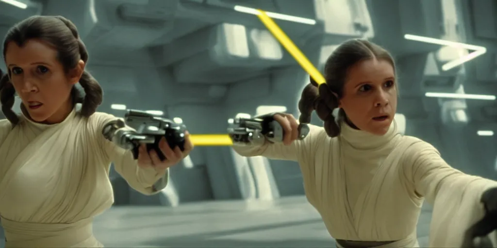 Image similar to screenshot of Princess Leia training to use a yellow lightsaber at a new Jedi Temple scene from The Force Awakens, 1970s film by Stanley Kubrick, serene, iconic scene, stunning cinematography, hyper detailed, sharp, anamorphic lenses, kodak color film, 4k