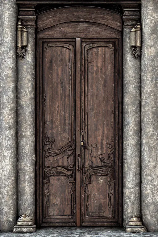 Image similar to a huge old weathered dark brown wooden door with shiny metallic rush plant ornaments, ornate, fantasy, photorealistic, realistic, octane render, volumetric light, high definition, ultra detailed, tranding on artstation, midjourney