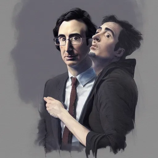 Image similar to painting of both john oliver and adam driver together, john oliver in front, full body, elegant, beautiful, highly detailed, centered, dark, smokey, digital painting, concept art, smooth, sharp focus, illustration, deviant art, art by artgerm, art by greg rutkowski, art by alphonse mucha