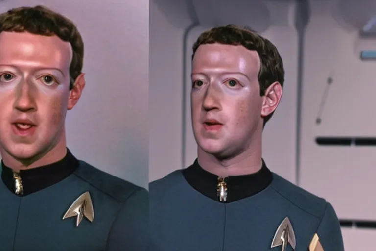 Image similar to Mark Zuckerberg as Lt. Commander Data on Star Trek The Next Generation, deepfake, datazucc, 35mm portrait, hyperreal