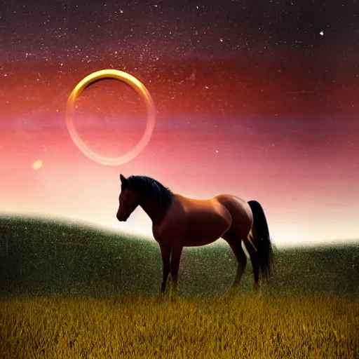 Prompt: realistic photograph of a horse standing in a field with Saturn in the sky, sunset lighting, high quality