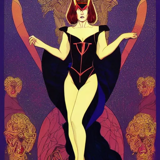 Prompt: portrait by joshua middleton of the young actress, sigourney weaver as ming the merciless, vamp, elegant, decadent, stylised comic art, klimt, mucha, 1 9 7 0 s poster,