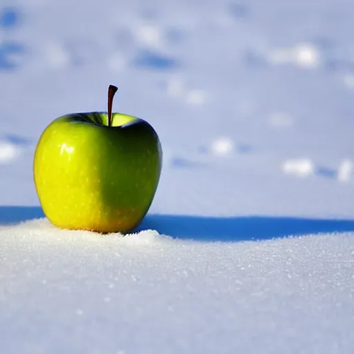 Prompt: a clear glass apple sitting on snow