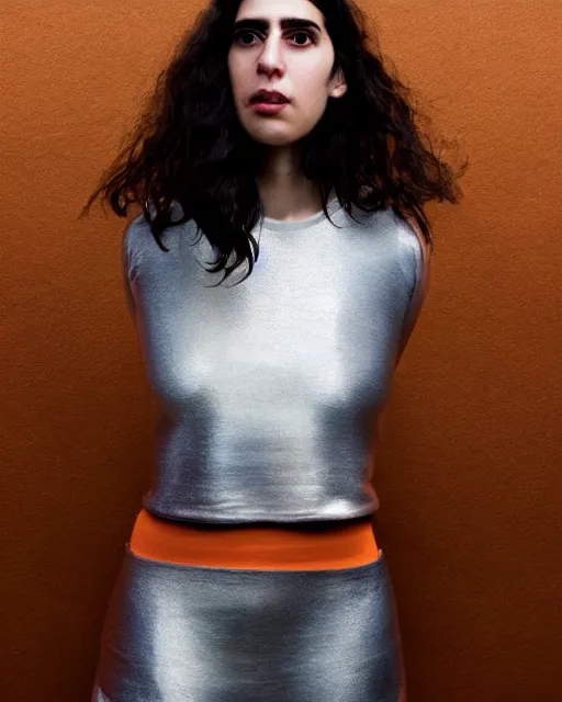 Image similar to hila klein from h 3 h 3, wearing an oufit made from stainless steel, weird expressionist pose, modern fashion, half body shot, photo by greg rutkowski, female beauty, f / 2 0, symmetrical face, warm colors, depth of field